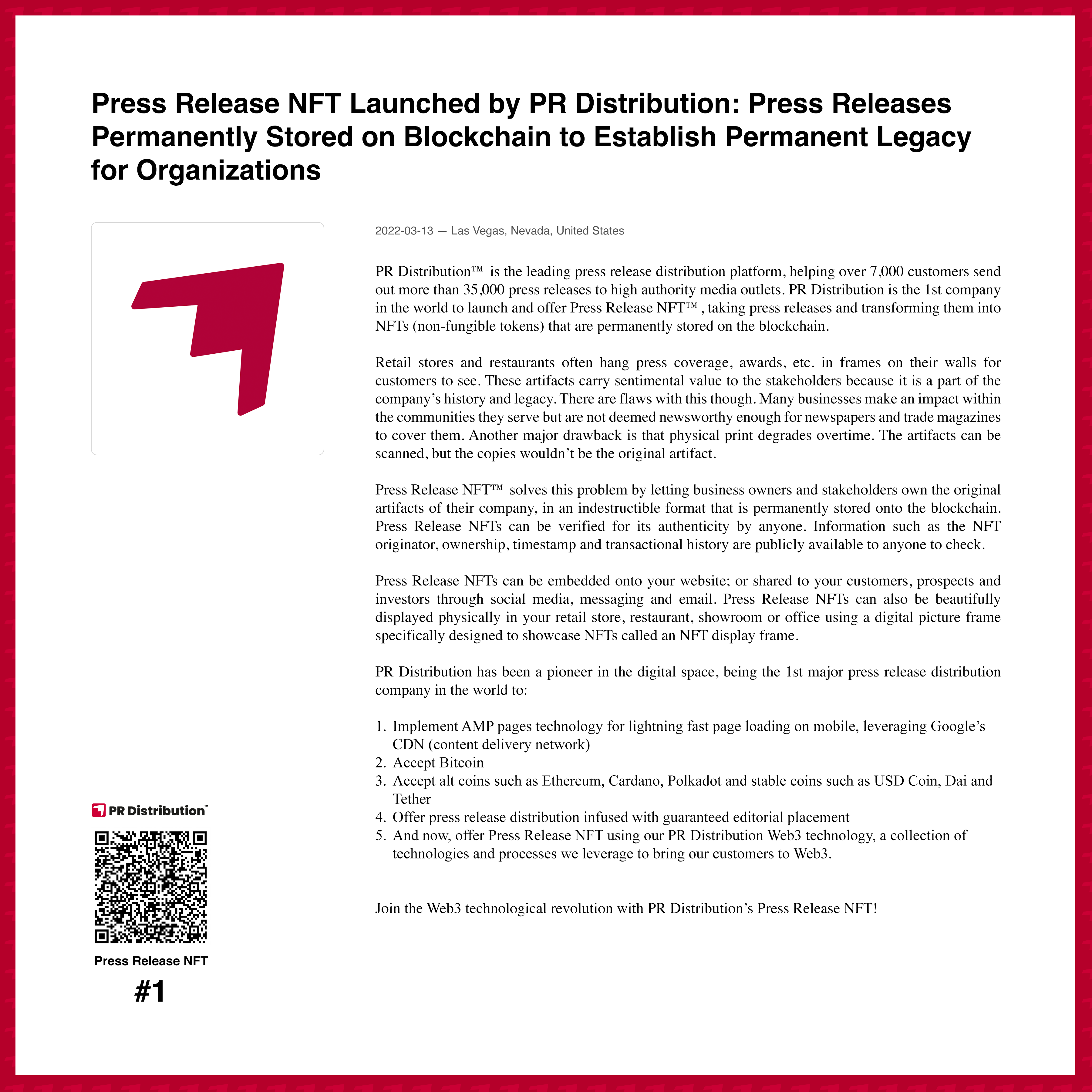 Press Release NFT Launched by PR Distribution: Press Releases Permanently Stored on Blockchain to Establish Permanent Legacy for Organizations